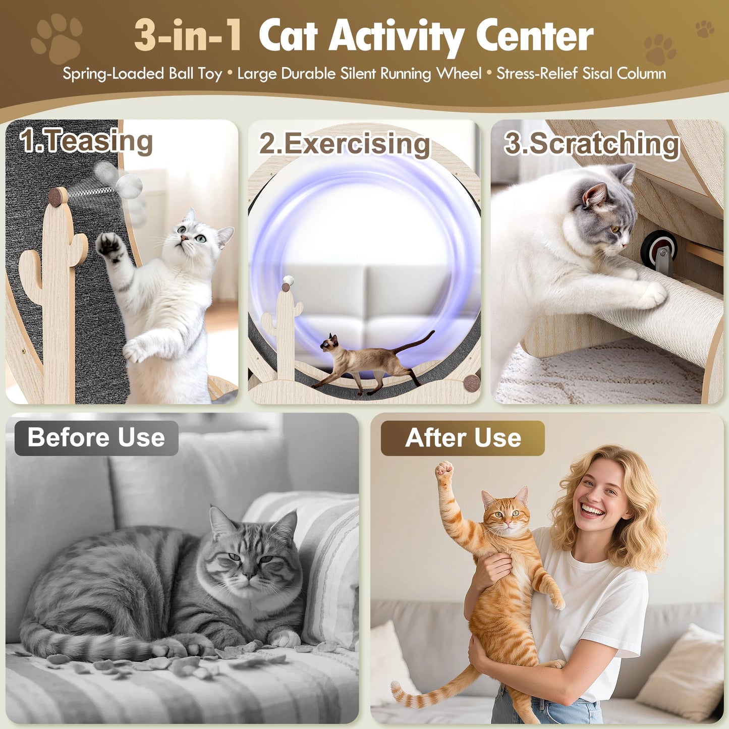 Indoor Cat Exercise Wheel 43-In Cat Running Wheel Safety Treadmill W/Carpeted Runway, Teaser Wand, Scratching Post, Natural
