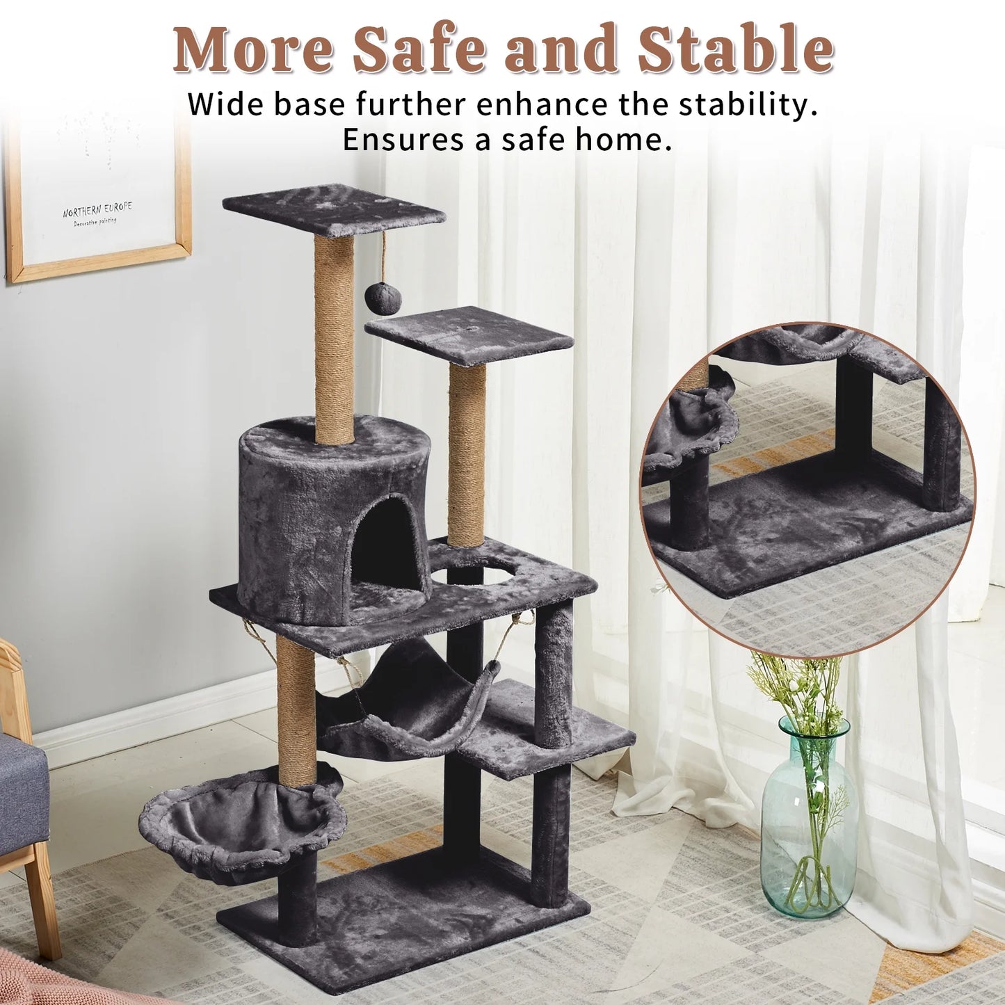 52" Tall Cat Tree Tower Condo with Sisal Scratching Post and Perch,Dark Gray