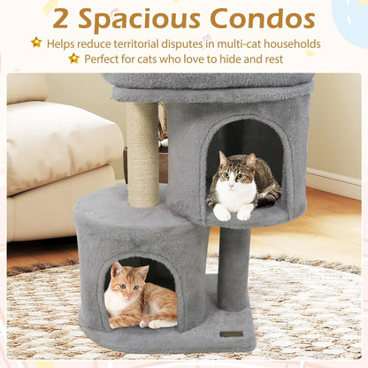 26 Inch Cat Tower with Large Padded Push Perch and Dual Condos, Cat Tree for Indoor Cats, Cat Tree for Indoor Cats, Light Gray