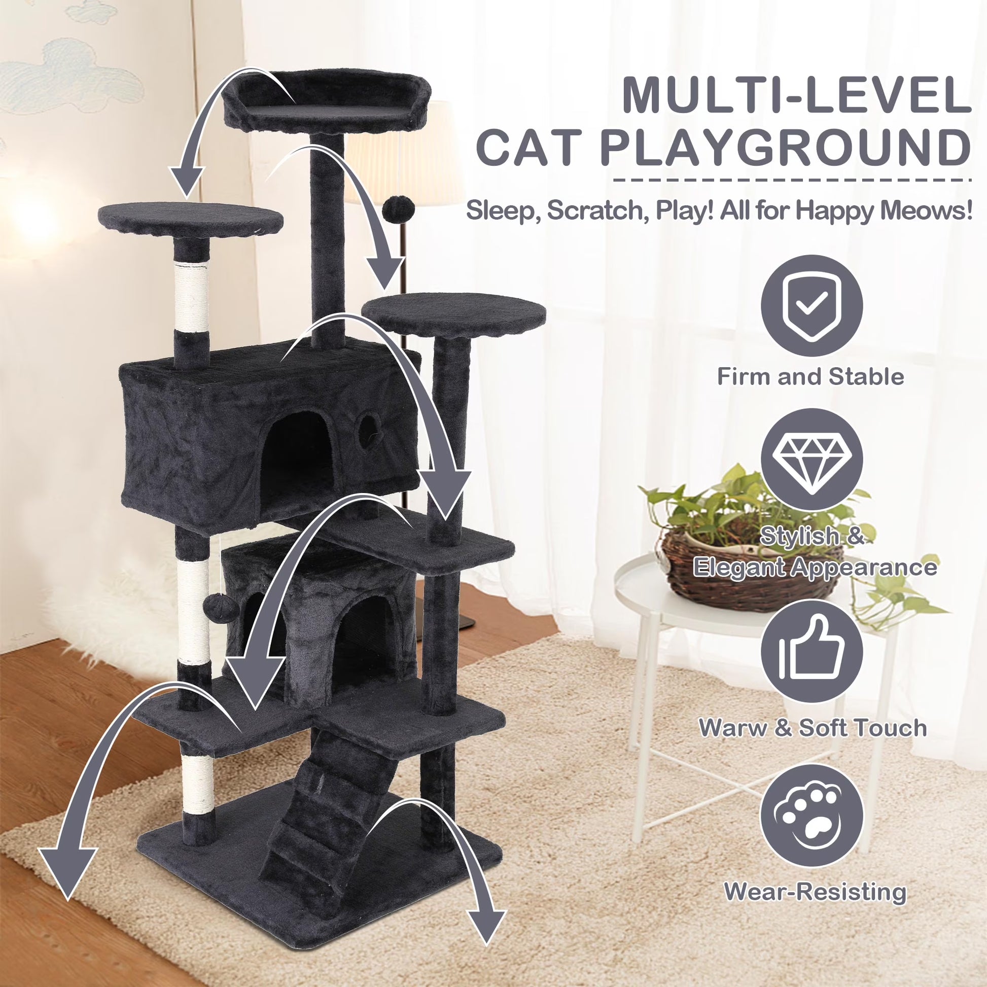 54 Inch Tall Cat Trees and Towers for Small Medium Cats, Multi-Level Cat Tree Tower with Scratching Posts Stand Cat Condos Cat Towers for Indoor Cats Kitten Pet Play House