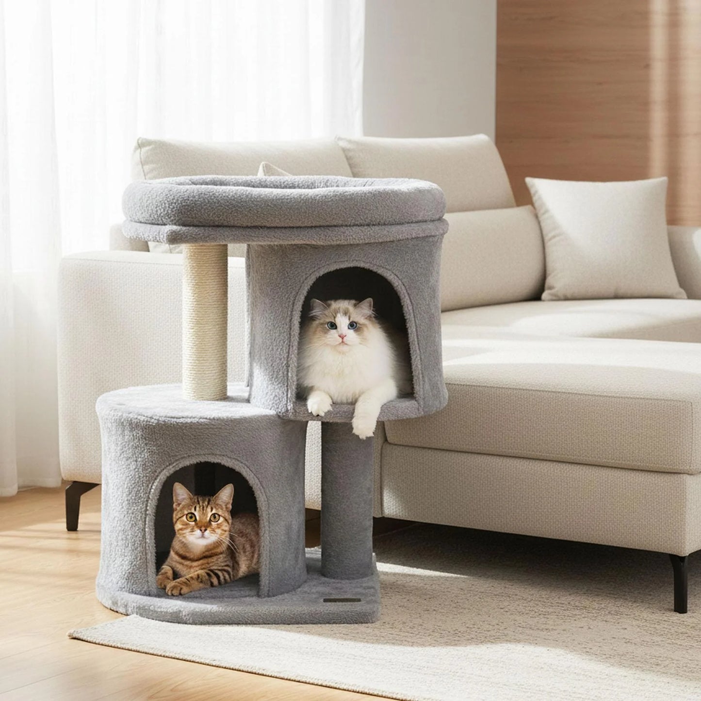 26 Inch Cat Tower with Large Padded Push Perch and Dual Condos, Cat Tree for Indoor Cats, Cat Tree for Indoor Cats, Light Gray