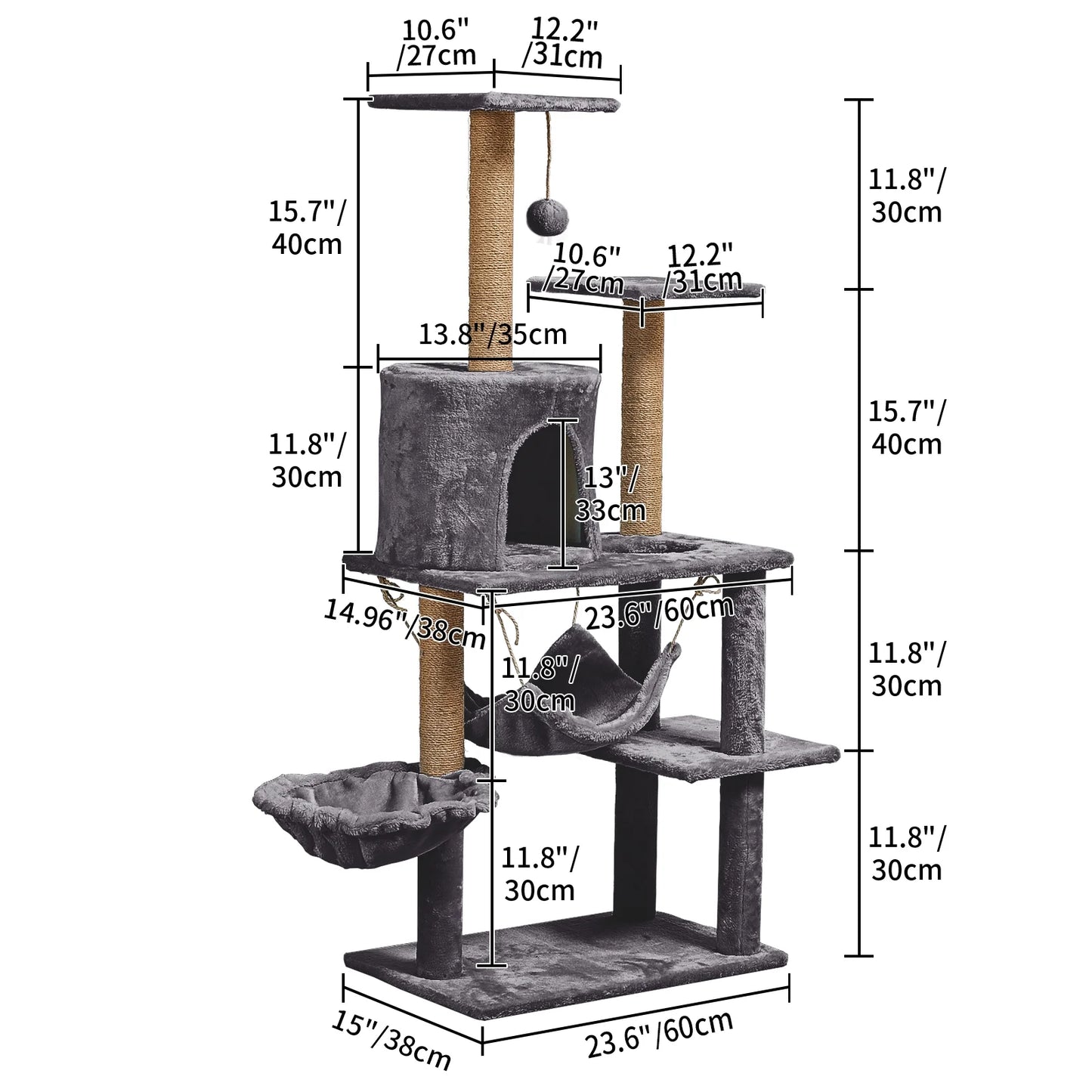Large Multi-Level Cat Tree Condo Furniture with Sisal-Covered Scratching Posts, Big Plush Condos, Perch Hammock for Kittens 52 In, Gray