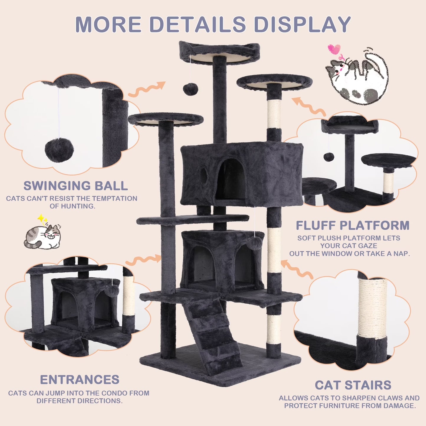54 Inch Tall Cat Trees and Towers for Small Medium Cats, Multi-Level Cat Tree Tower with Scratching Posts Stand Cat Condos Cat Towers for Indoor Cats Kitten Pet Play House