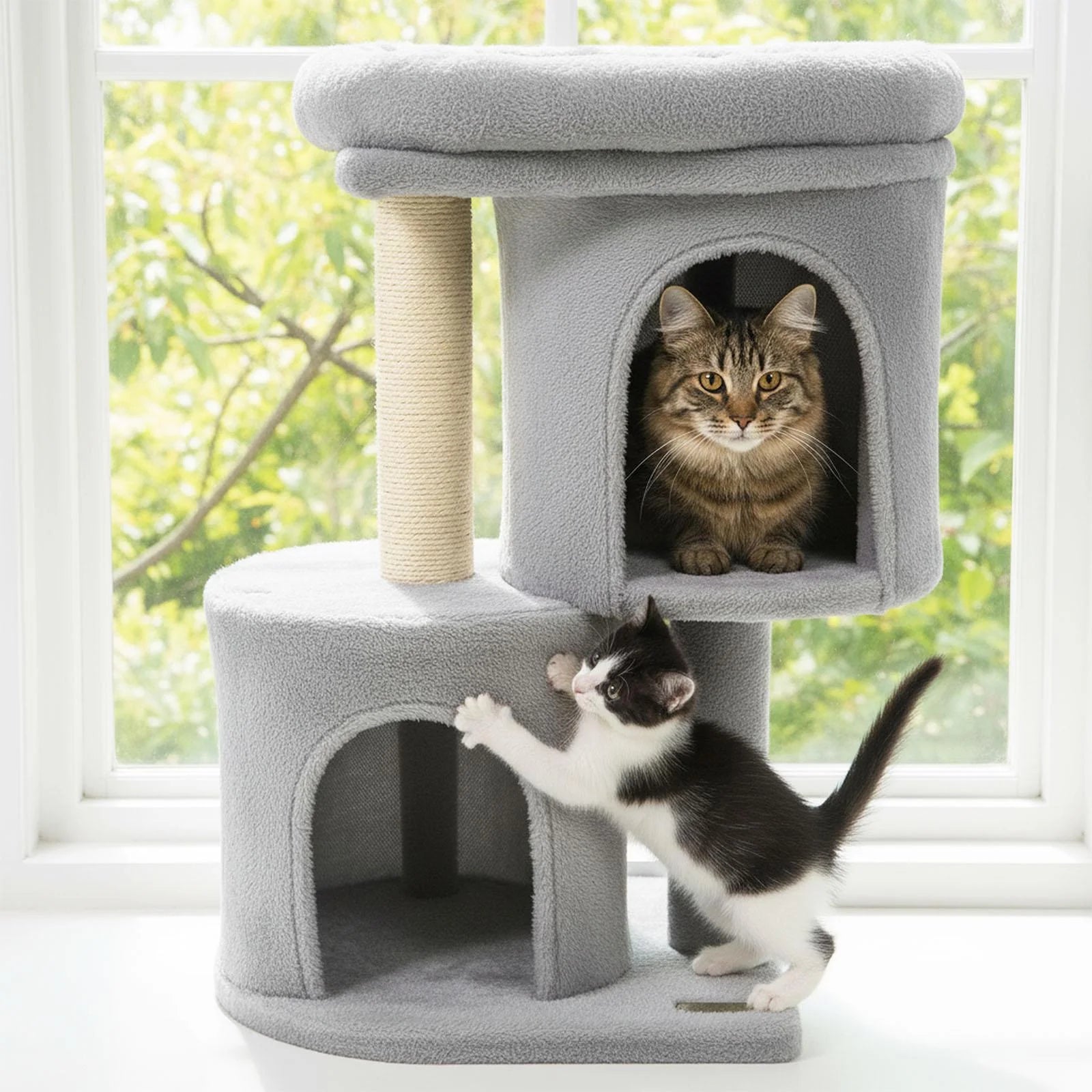 26 Inch Cat Tower with Large Padded Push Perch and Dual Condos, Cat Tree for Indoor Cats, Cat Tree for Indoor Cats, Light Gray