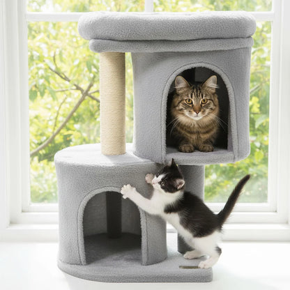 26 Inch Cat Tower with Large Padded Push Perch and Dual Condos, Cat Tree for Indoor Cats, Cat Tree for Indoor Cats, Light Gray
