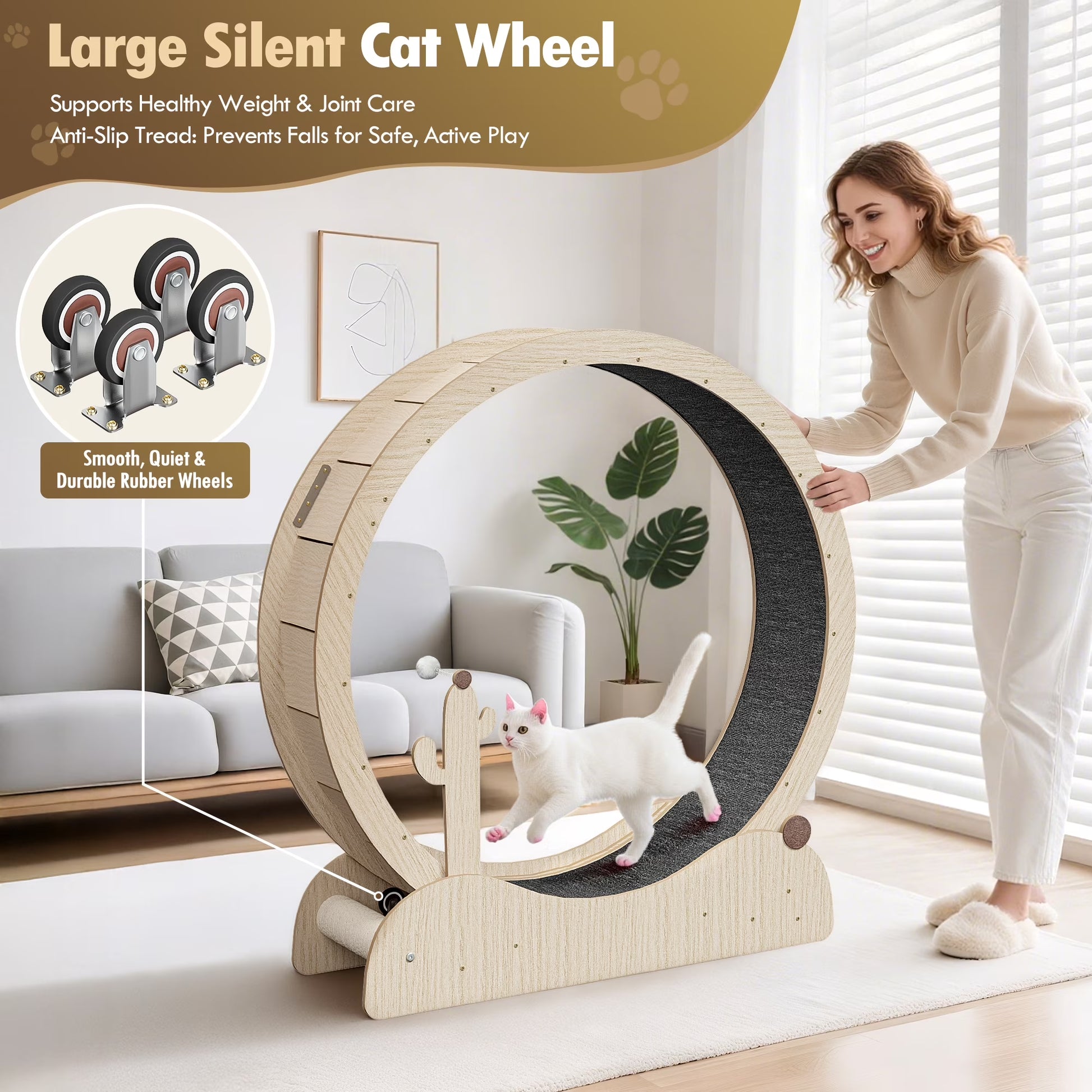 Indoor Cat Exercise Wheel 43-In Cat Running Wheel Safety Treadmill W/Carpeted Runway, Teaser Wand, Scratching Post, Natural