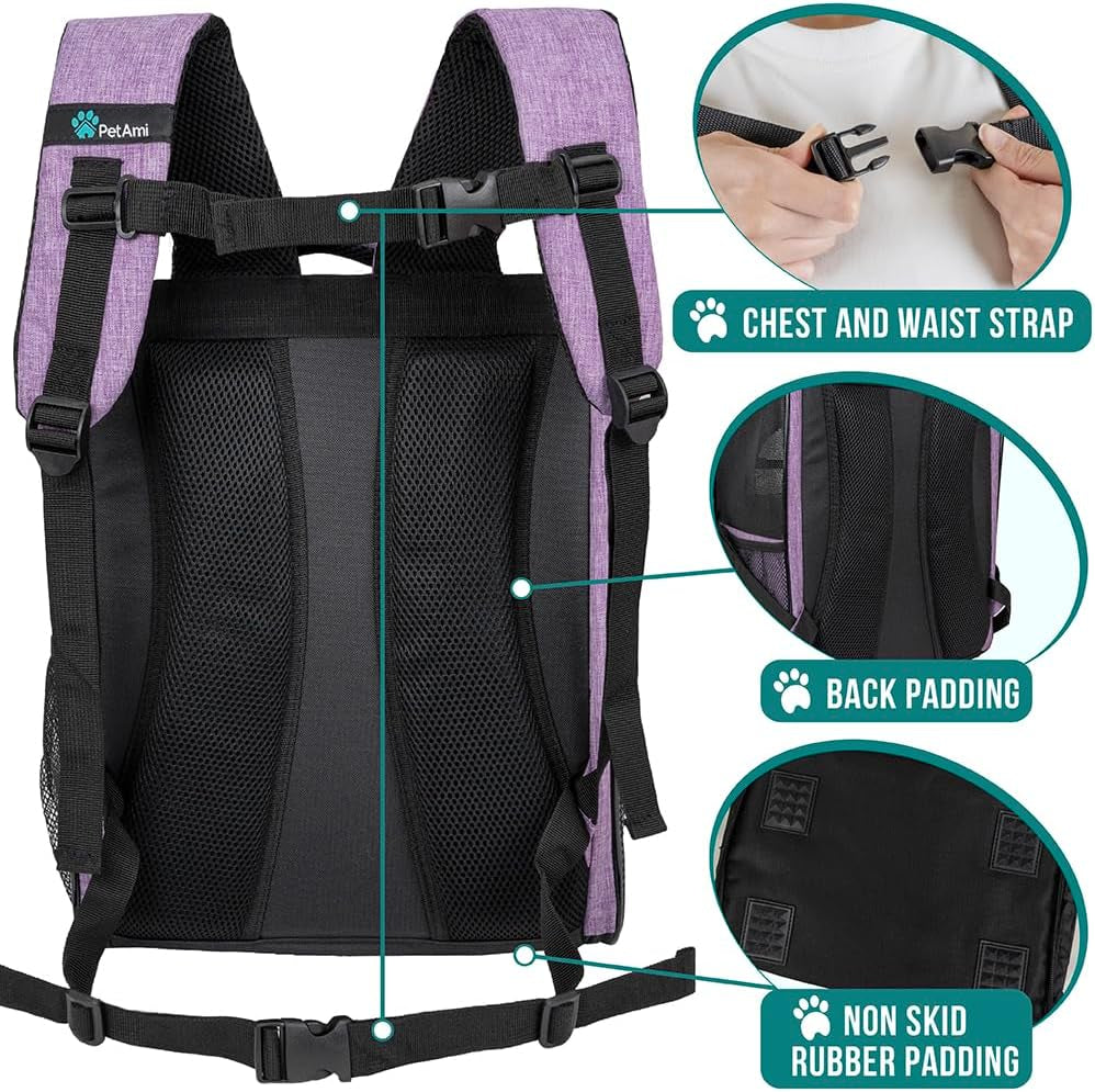 Dog Backpack Carrier for Small Medium Dogs Large Cats up to 18 Lbs, 2 Side Entry, Structured No-Collapse Frame, Airline Approved Ventilated Pet Backpack for Hiking Camping Travel, Purple