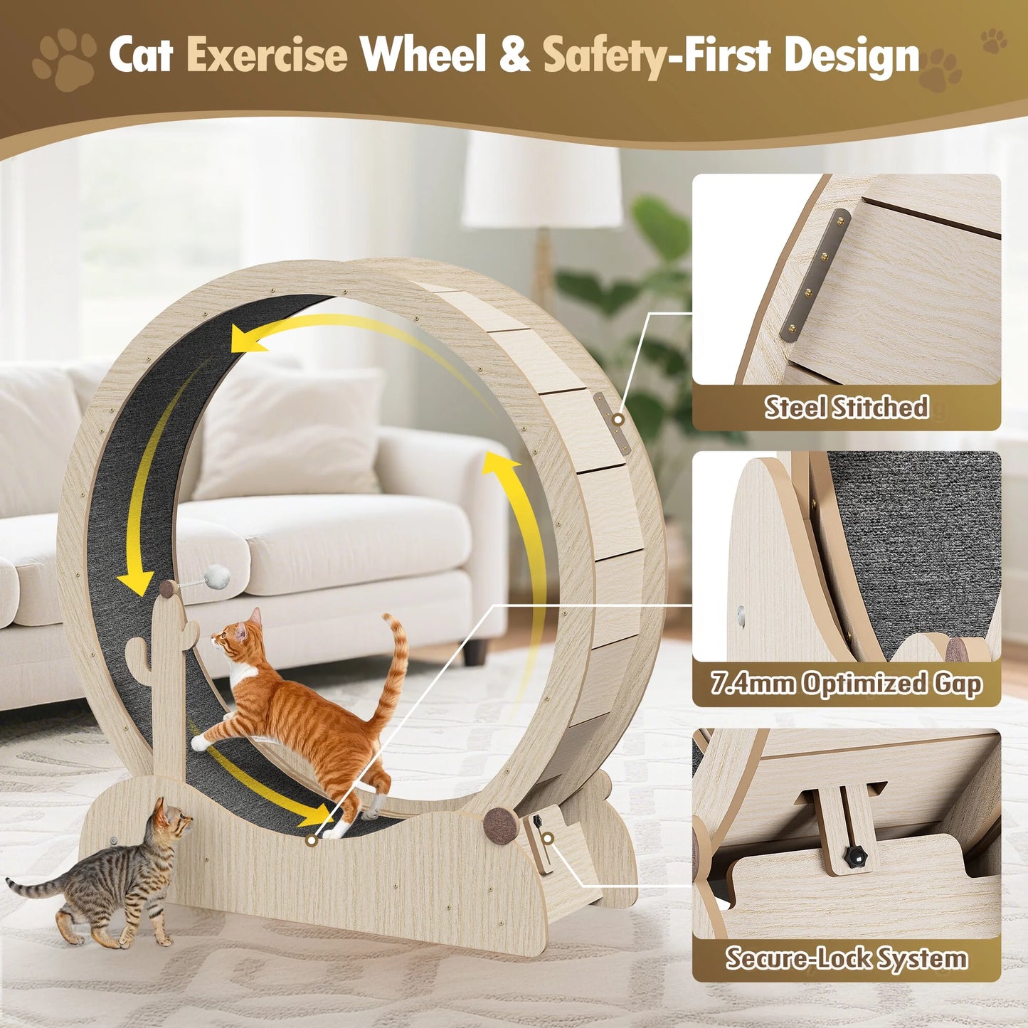 Indoor Cat Exercise Wheel 43-In Cat Running Wheel Safety Treadmill W/Carpeted Runway, Teaser Wand, Scratching Post, Natural