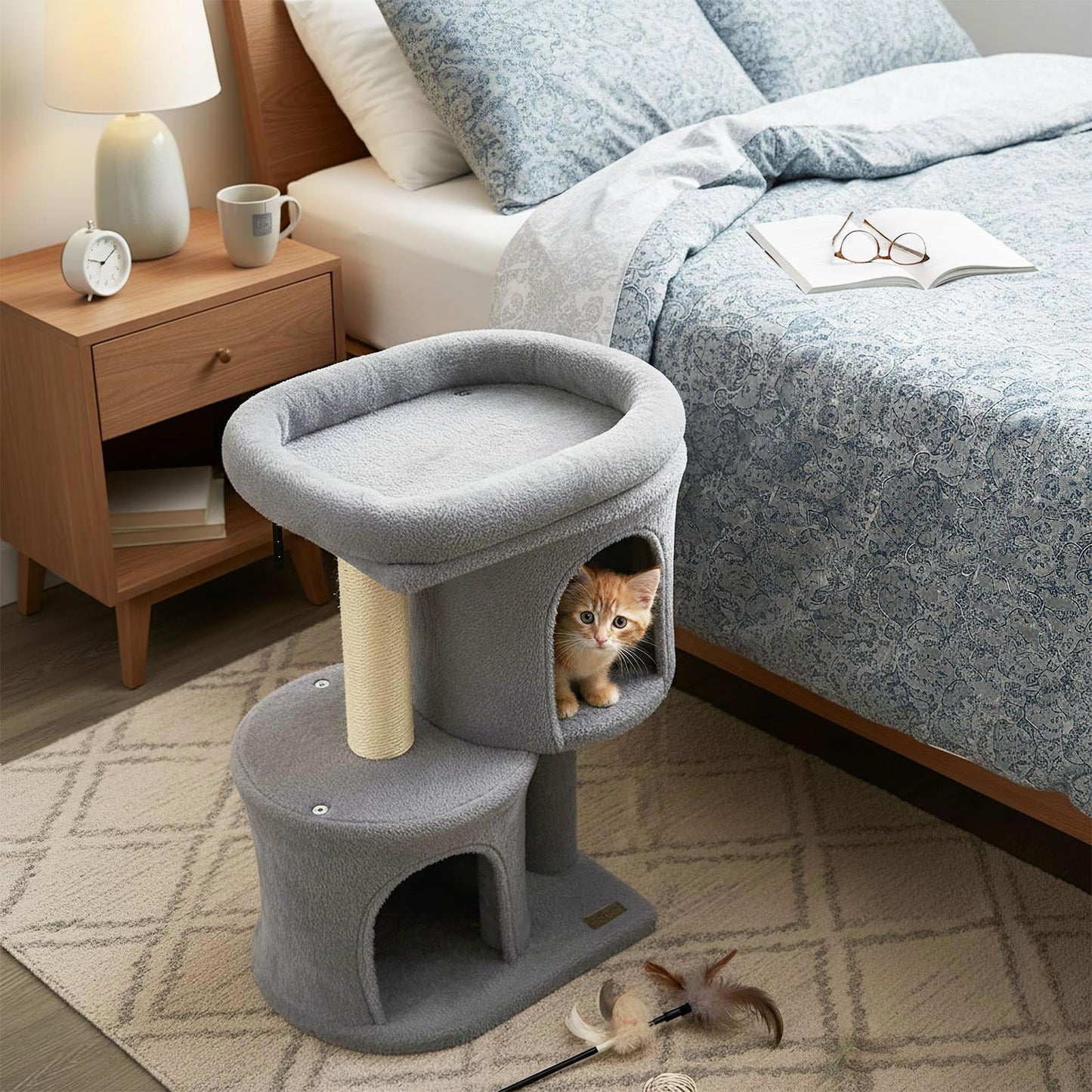 26 Inch Cat Tower with Large Padded Push Perch and Dual Condos, Cat Tree for Indoor Cats, Cat Tree for Indoor Cats, Light Gray