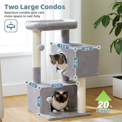 31.5" Modern Cat Tree Tower with Dual Large Condos for Kitten ＆ Medium Size Cat Gray