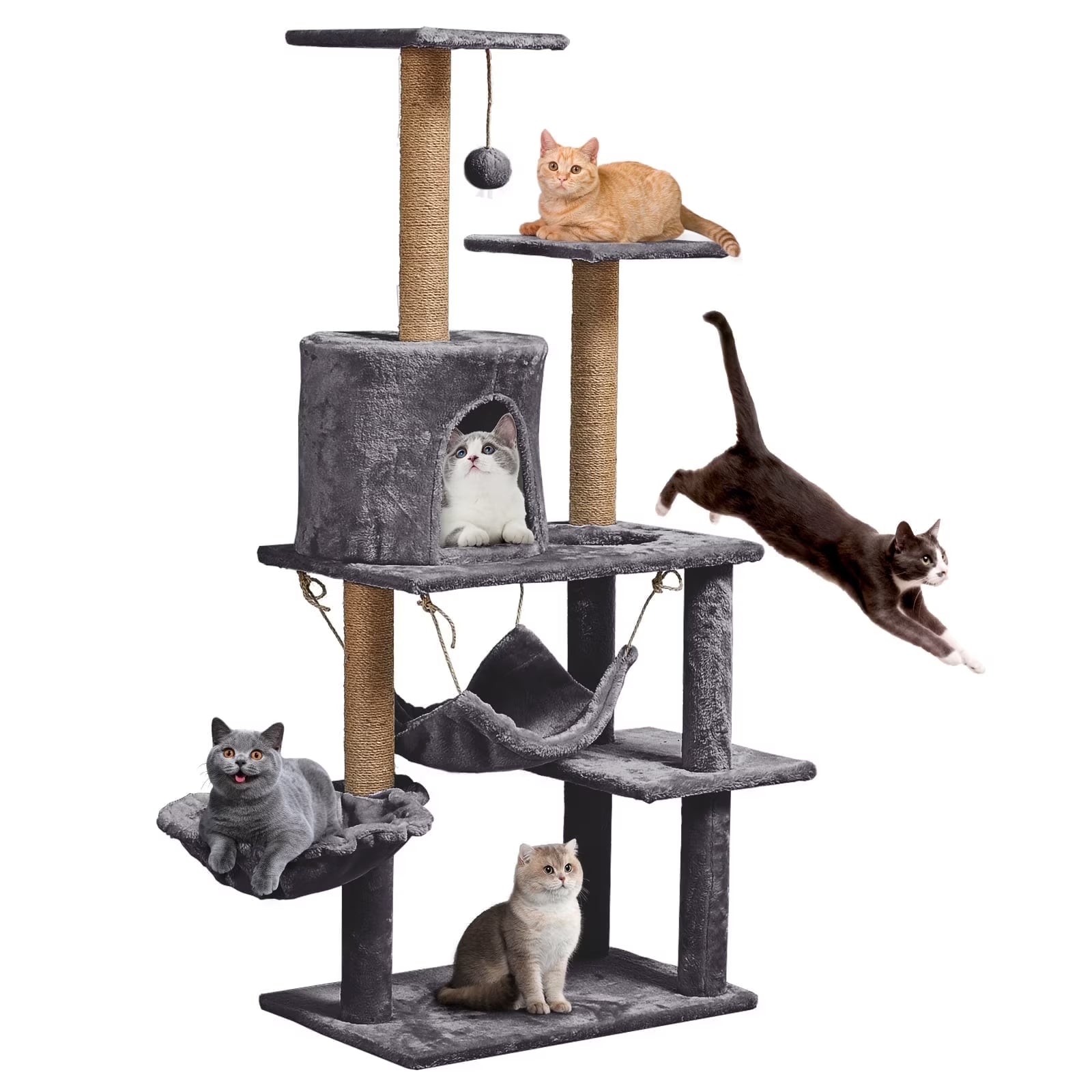 Large Multi-Level Cat Tree Condo Furniture with Sisal-Covered Scratching Posts, Big Plush Condos, Perch Hammock for Kittens 52 In, Gray