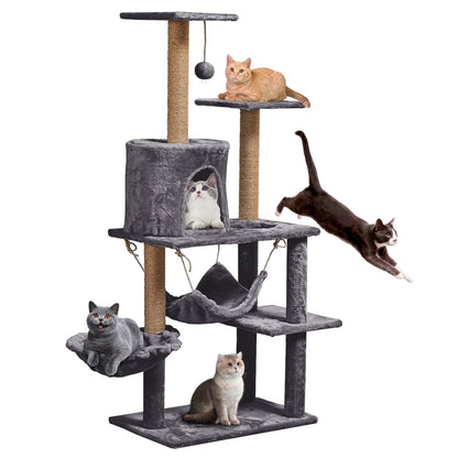 Large Multi-Level Cat Tree Condo Furniture with Sisal-Covered Scratching Posts, Big Plush Condos, Perch Hammock for Kittens 52 In, Gray