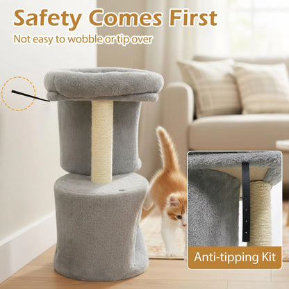 26 Inch Cat Tower with Large Padded Push Perch and Dual Condos, Cat Tree for Indoor Cats, Cat Tree for Indoor Cats, Light Gray