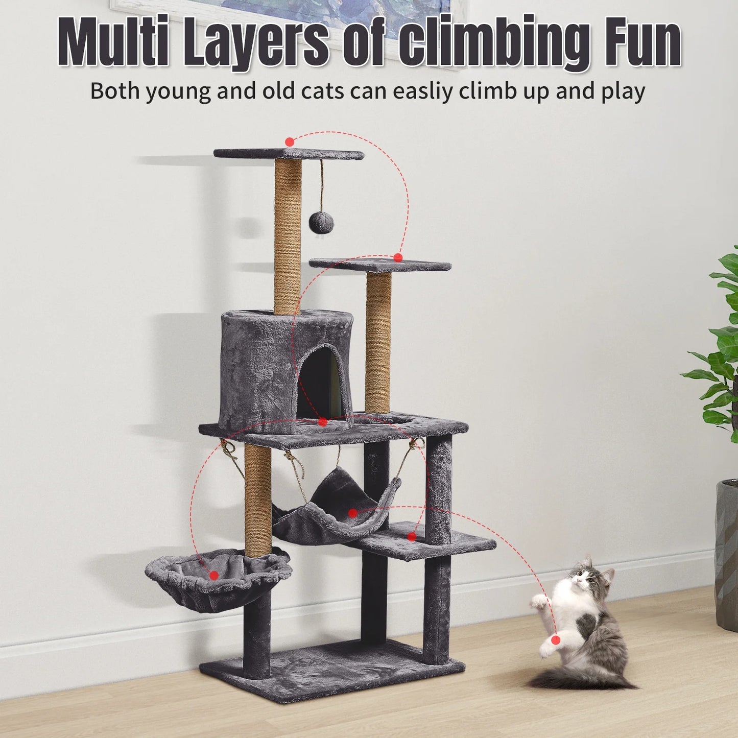 Large Multi-Level Cat Tree Condo Furniture with Sisal-Covered Scratching Posts, Big Plush Condos, Perch Hammock for Kittens 52 In, Gray