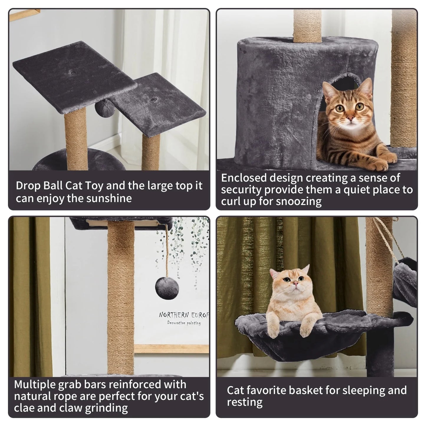 Large Multi-Level Cat Tree Condo Furniture with Sisal-Covered Scratching Posts, Big Plush Condos, Perch Hammock for Kittens 52 In, Gray