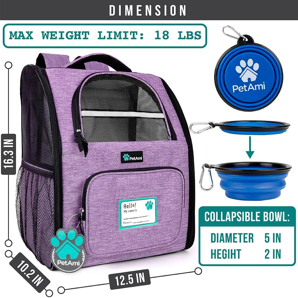 Dog Backpack Carrier for Small Medium Dogs Large Cats up to 18 Lbs, 2 Side Entry, Structured No-Collapse Frame, Airline Approved Ventilated Pet Backpack for Hiking Camping Travel, Purple
