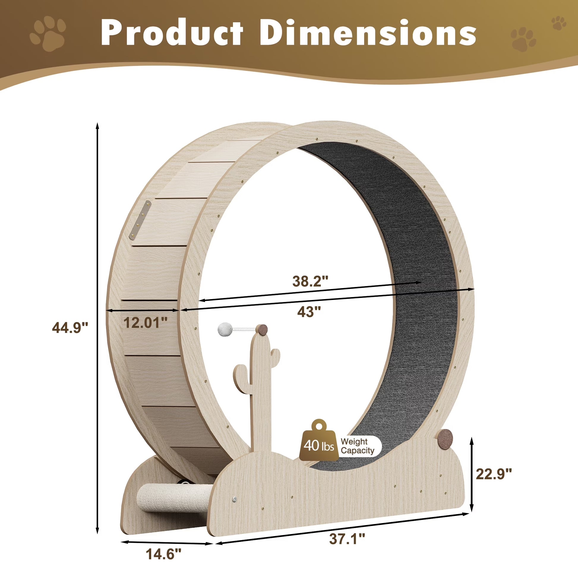 Indoor Cat Exercise Wheel 43-In Cat Running Wheel Safety Treadmill W/Carpeted Runway, Teaser Wand, Scratching Post, Natural