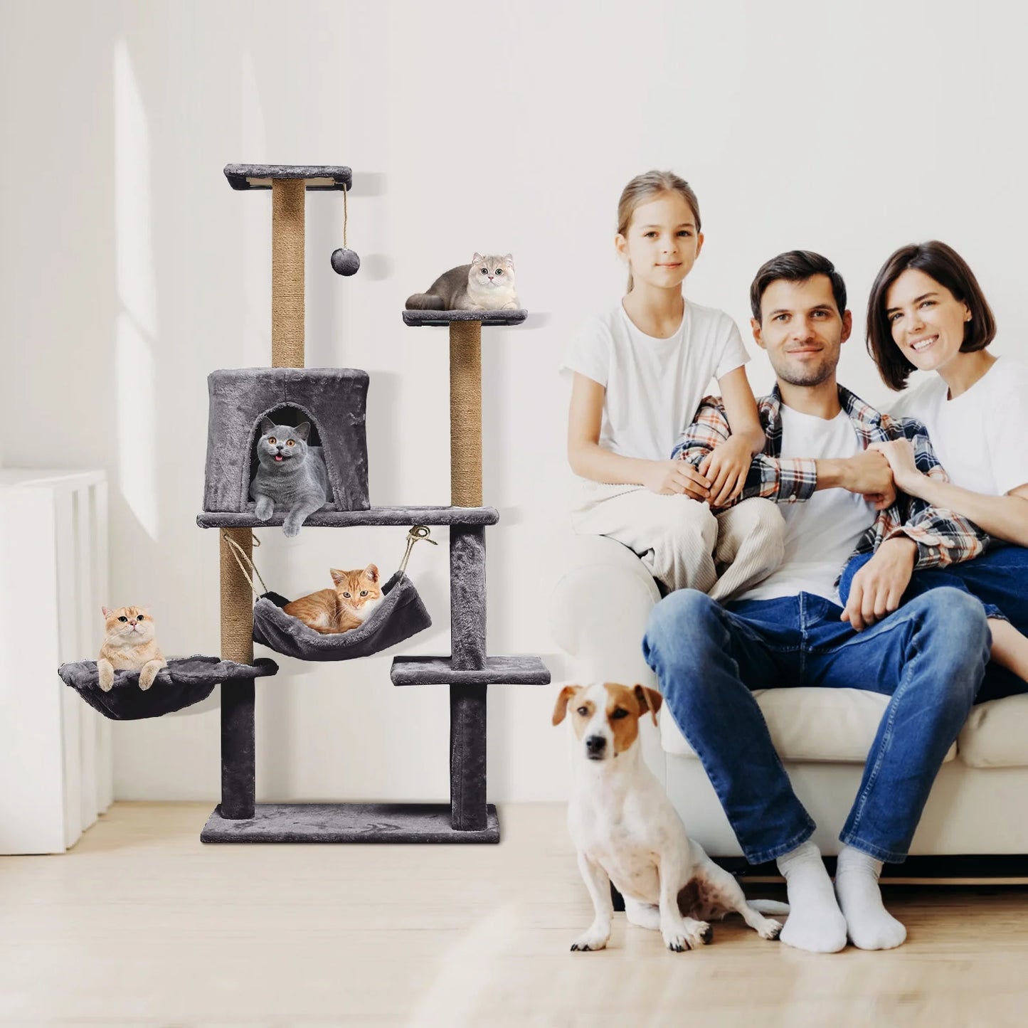 Large Multi-Level Cat Tree Condo Furniture with Sisal-Covered Scratching Posts, Big Plush Condos, Perch Hammock for Kittens 52 In, Gray