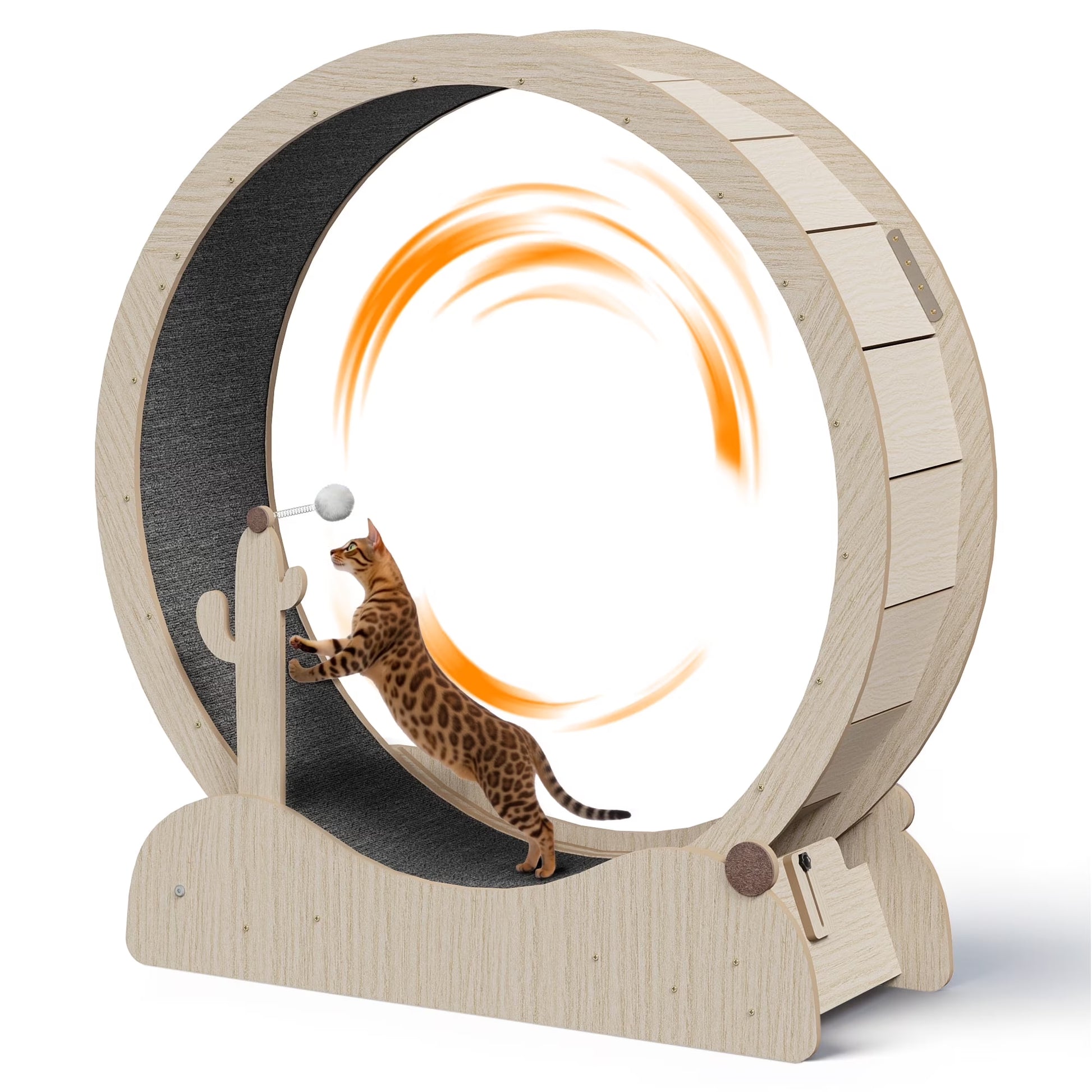 Indoor Cat Exercise Wheel 43-In Cat Running Wheel Safety Treadmill W/Carpeted Runway, Teaser Wand, Scratching Post, Natural