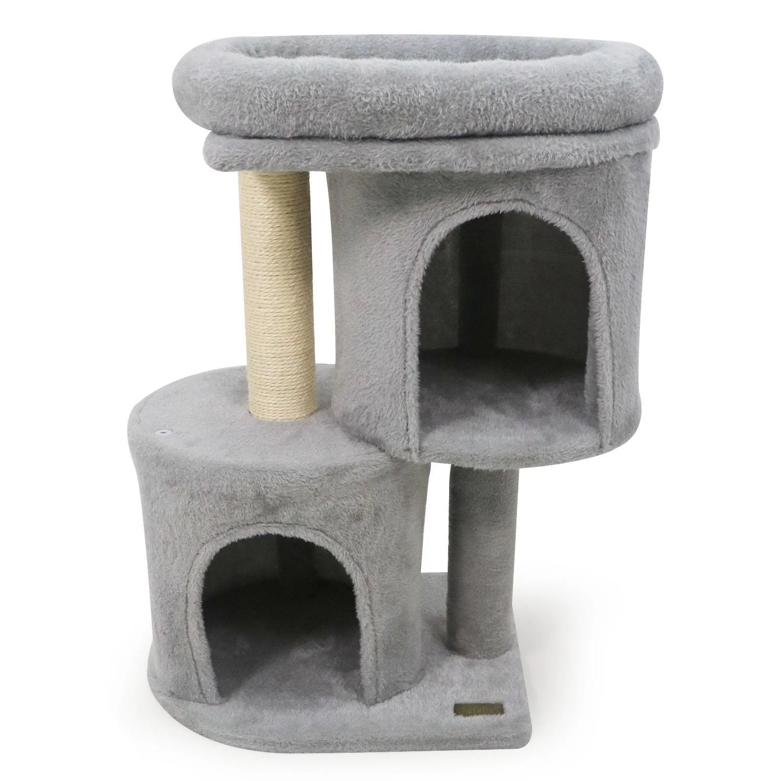26 Inch Cat Tower with Large Padded Push Perch and Dual Condos, Cat Tree for Indoor Cats, Cat Tree for Indoor Cats, Light Gray