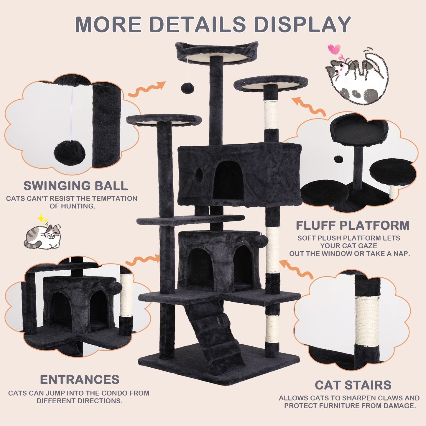 54 Inch Tall Cat Trees and Towers for Small Medium Cats, Multi-Level Cat Tree Tower with Scratching Posts Stand Cat Condos Cat Towers for Indoor Cats Kitten Pet Play House