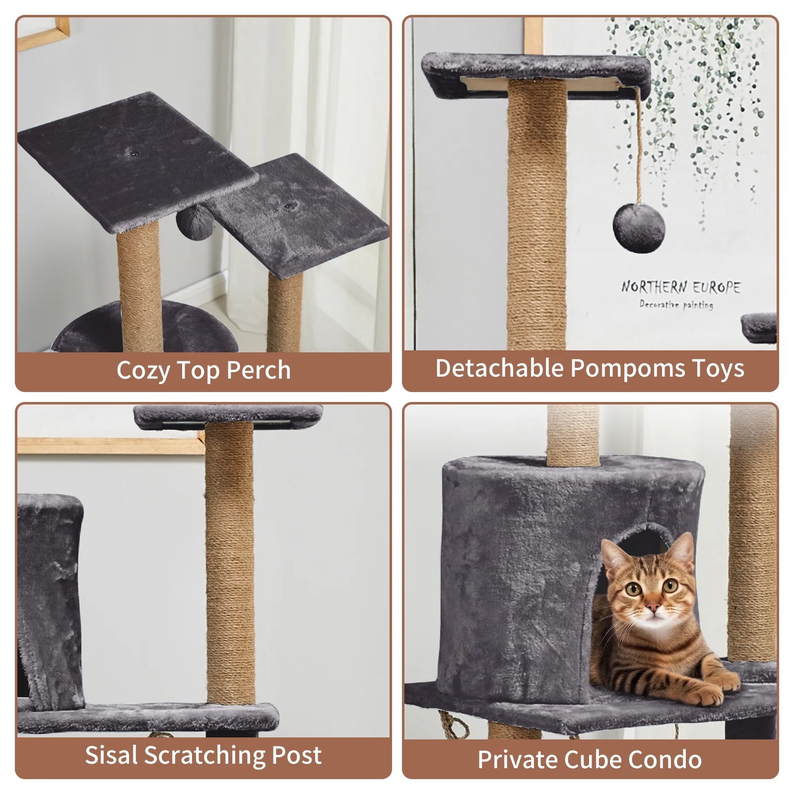 52" Tall Cat Tree Tower Condo with Sisal Scratching Post and Perch,Dark Gray