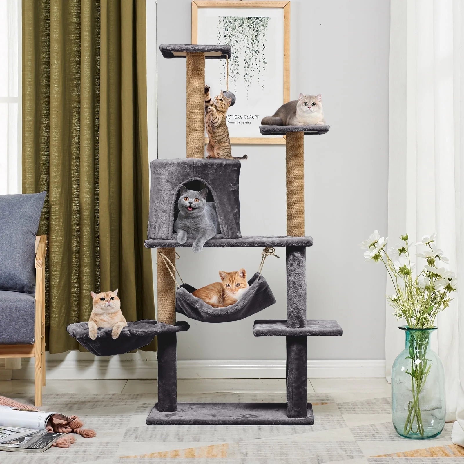 Large Multi-Level Cat Tree Condo Furniture with Sisal-Covered Scratching Posts, Big Plush Condos, Perch Hammock for Kittens 52 In, Gray