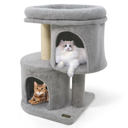 26 Inch Cat Tower with Large Padded Push Perch and Dual Condos, Cat Tree for Indoor Cats, Cat Tree for Indoor Cats, Light Gray